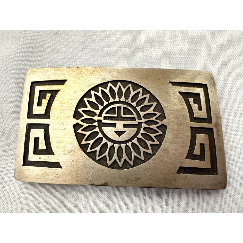 Vintage Hopi Sterling Silver Belt Buckle 44 gr Sunburst Engraved Native American